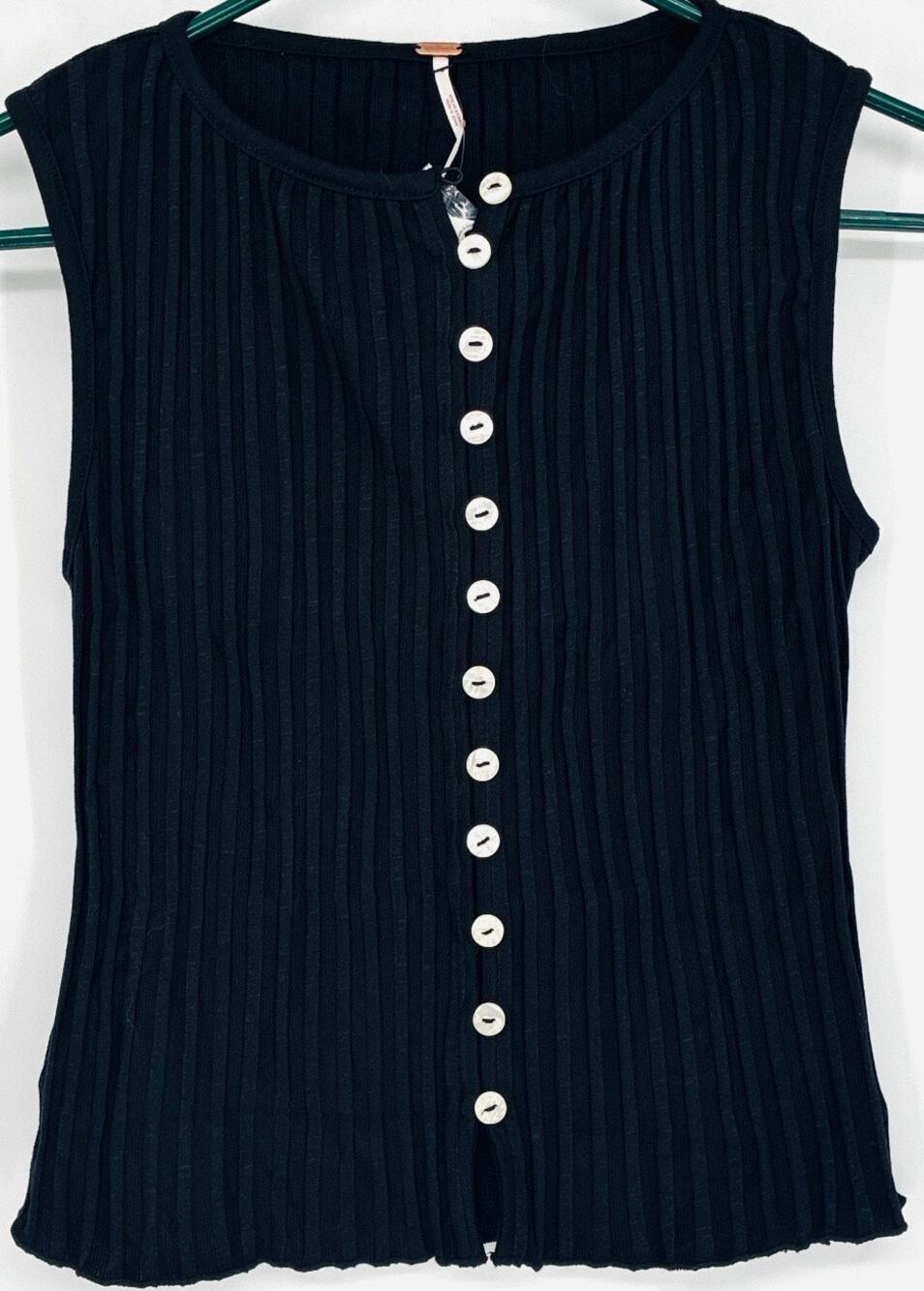 Free People NWT XS Black Ribbed Knit Button Front Tank Pearl Buttons Y2K